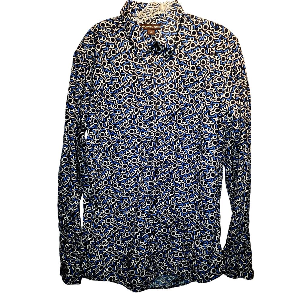 Michael Kors Monogram All Over Logo Letter Button Down Shirt Size Large